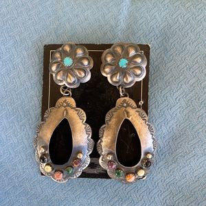 Navajo, sterling, silver earrings with turquoise and multi colored stones